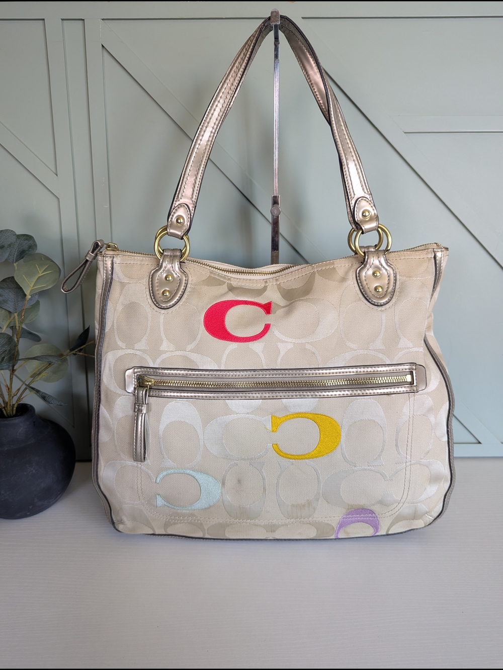 Coach Poppy Embroidered Multicolor Signature Tote Shoulder Bag